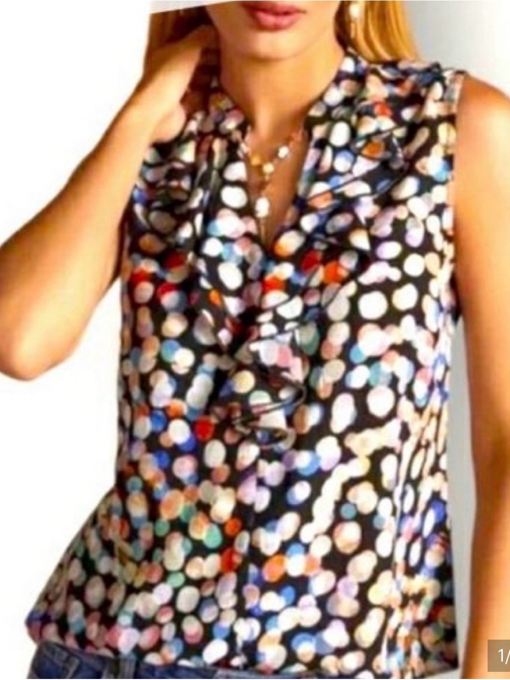 Sleeveless Ruffle V-Neck Multi-Colored Polka Dot Women's Top. Cabi
